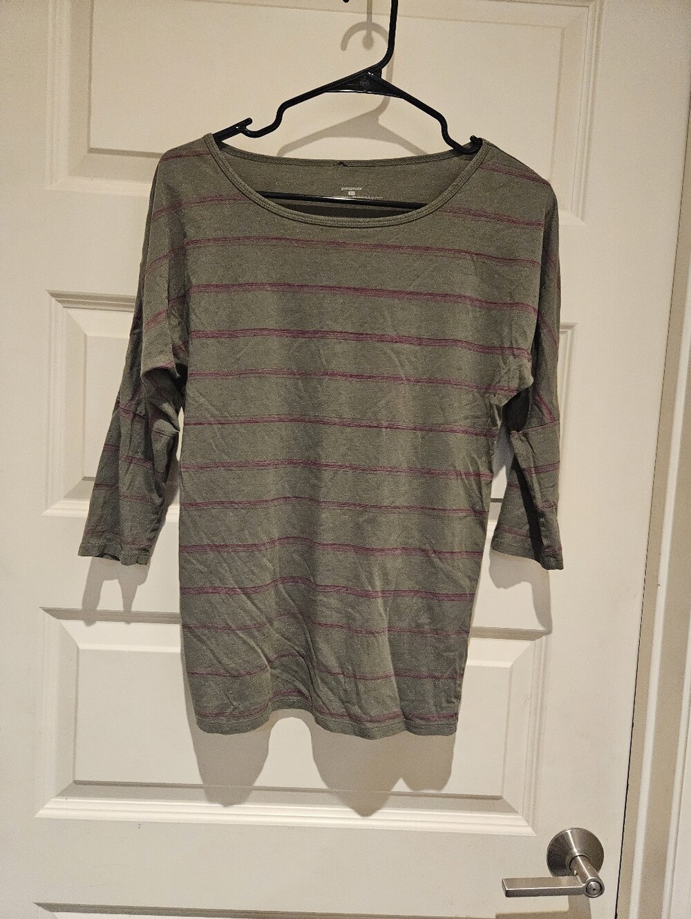 Patagonia Olive Green Long Sleeve Tee with Purple Stripes